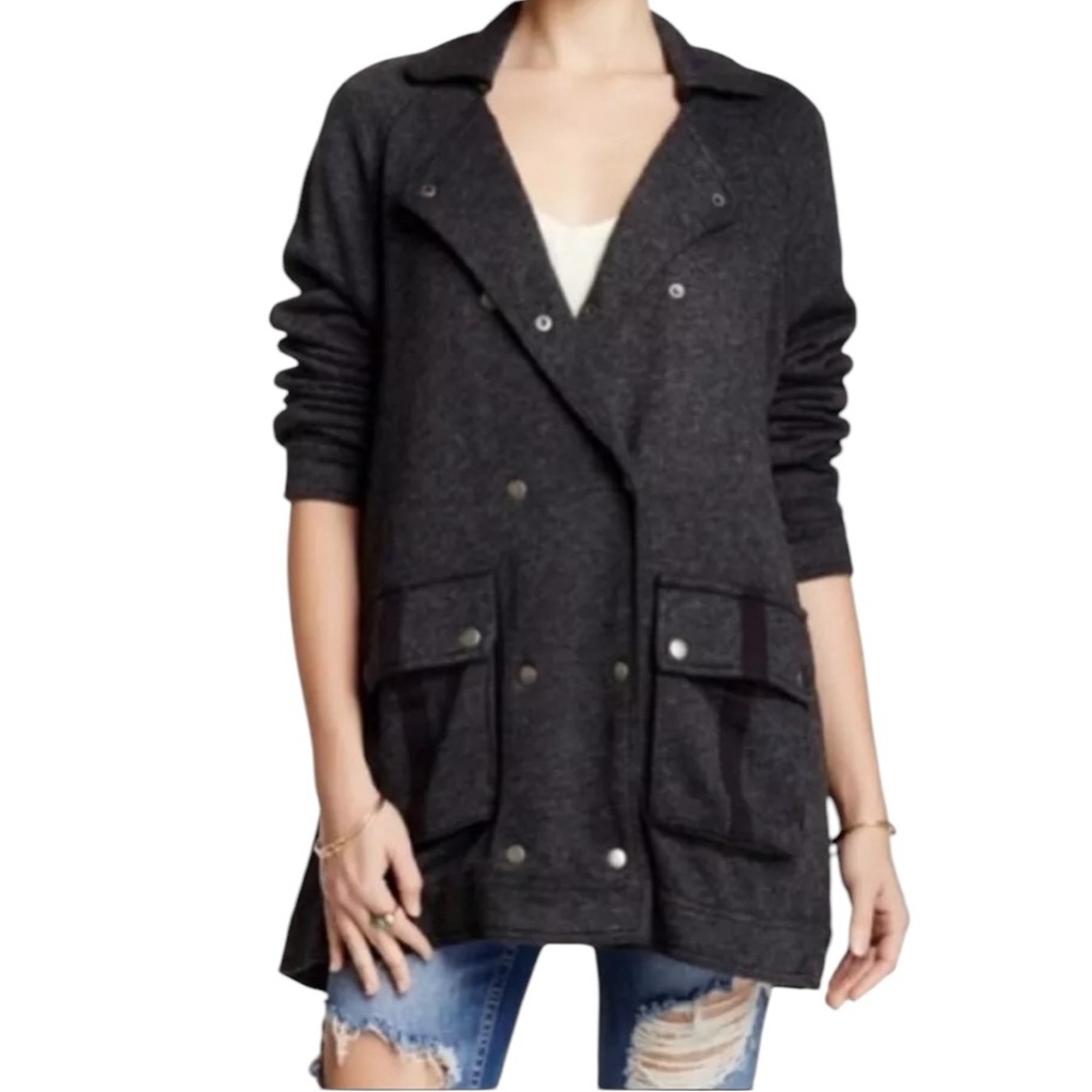 Free People Dark Grey Gray Charcoal Cotton Lapel Oversized Peacoat Jacket Medium